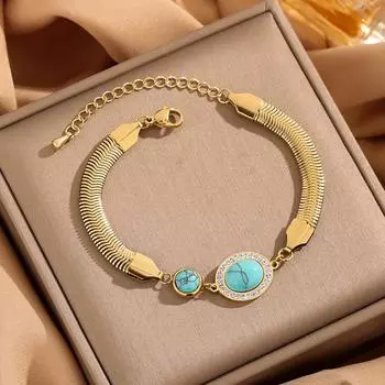 Браслет из титановой стали, бирюзовый, бриллиантовый, круглый, браслет из змеиной кости