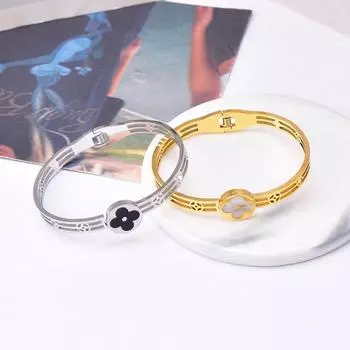 Браслет из титановой стали, невыцветающий черно-белый браслет с цветком в форме ромба из перламутра