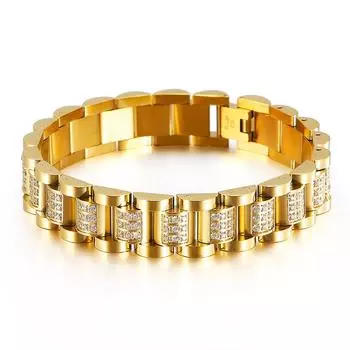 Браслет из титановой стали с бриллиантами, богатый золотой мужской браслет из титановой стали 18cm