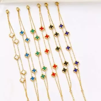 Браслет из титановой стали с двойной цепочкой и клевером, покрытый 18-каратным покрытием, с изысканным шармом, водонепроницаемый и устойчивый к поту белый