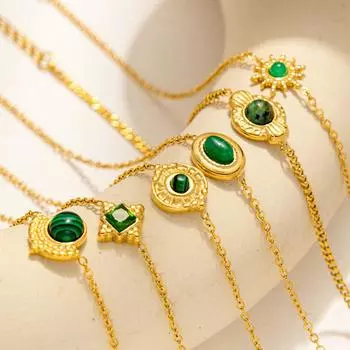 Браслет из титановой стали в стиле ретро-дворца с покрытием из 18-каратного золота и натуральным изумрудом для женщин