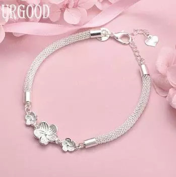 Браслет из тройного цветка сливы и розы из стерлингового серебра 925 пробы, модные свадебные украшения 20CM