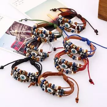 Браслет из воловьей кожи с бисером и выдвижными регулируемыми парными кожаными браслетами, ювелирные изделия в богемном стиле Lace-up коричневый
