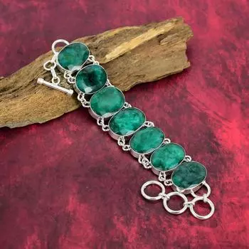 Браслет из замбийского изумруда, браслет из стерлингового серебра 925 пробы, ювелирные изделия из замбийского изумруда, ювелирный браслет ручной работы с регулируемой цепочкой 8 Inches With Adjustable зелёный
