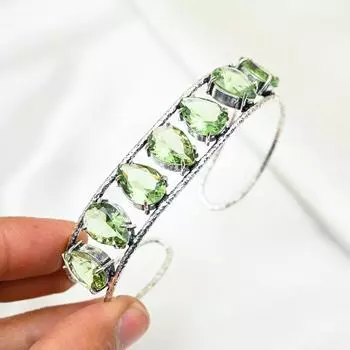 Браслет из зеленого аметиста, серебряный браслет 925 пробы, регулируемый браслет с драгоценными камнями, браслет-манжета ручной работы, подарок для матери, элегантные ювелирные изделия Adjustable зелёный