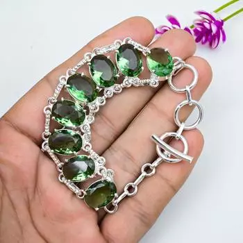 Браслет из зеленого аметиста, серебряный браслет 925 пробы, регулируемый браслет с драгоценными камнями, браслет-манжета ручной работы, подарок для матери, элегантные ювелирные изделия 8 Inches зелёный