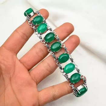 Браслет из зеленого оникса, ювелирные изделия из драгоценных камней ручной работы, браслет из стерлингового серебра 925 пробы, регулируемый браслет-цепочка, подарок для мамы, изящный браслет 8 inches with Adjustable зелёный