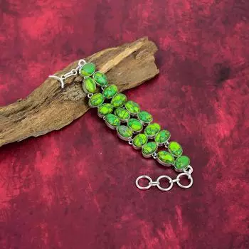 Браслет из зеленой меди и бирюзы, ювелирные изделия из серебра 925 пробы с драгоценными камнями, браслет ручной работы, потрясающие ювелирные изделия, подарок для нее Adjustable with 8 inches зелёный