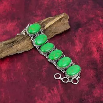 Браслет из зеленой меди и бирюзы, ювелирные изделия из серебра 925 пробы с драгоценными камнями, браслет ручной работы, потрясающие ювелирные изделия, подарок для нее Adjustable With 8 Inches зелёный