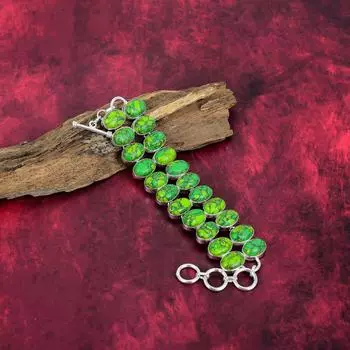 Браслет из зеленой меди и бирюзы, ювелирные изделия из серебра 925 пробы с драгоценными камнями, браслет ручной работы, потрясающие ювелирные изделия, подарок для нее Adjustable With 8 Inches зелёный