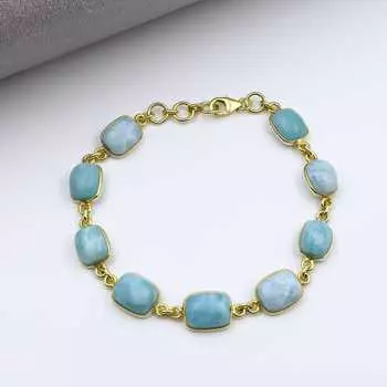 Браслет из желтого золота с натуральным драгоценным камнем Ларимар, серебро 925 пробы, браслет с камнем рождения, дизайнерский браслет, свадебные подарки 7 Inch