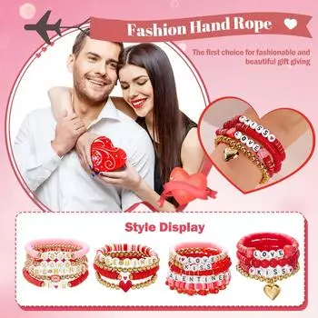 Браслет ко Дню святого Валентина, многослойный браслет с подвеской в форме сердца, мягкий эластичный браслет с керамическими бусинами, нить One Size