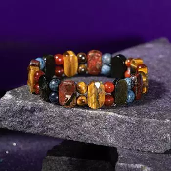 Браслет Козерог Дымчатый кварц, Дюмортьерит, Золотой обсидиан, Яшма, Тигровый глаз, Красный агат