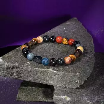 Браслет Козерог Дымчатый кварц, Дюмортьерит, Золотой обсидиан, Яшма, Тигровый глаз