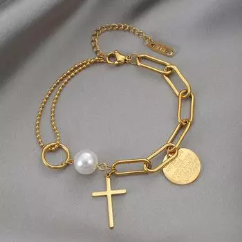 Браслет-крест с антивыцветанием, титановая сталь, золото 18 карат