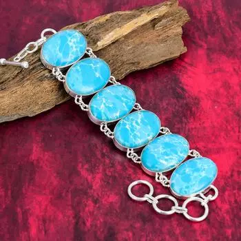 Браслет Ларимар, браслет из стерлингового серебра 925 пробы, ювелирные изделия ручной работы из настоящего драгоценного камня, регулируемый браслет-цепочка Прекрасный браслет, подарок для нее 8 Inches With Adjustable синий
