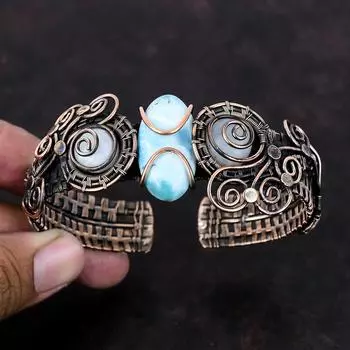 Браслет Ларимар, браслет-манжета из медной проволоки, регулируемый браслет ручной работы, браслет из радуги с лунным камнем, драгоценный камень, медь, ювелирные изделия, подарок для мамы