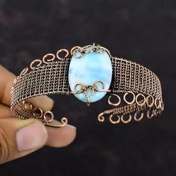 Браслет Larimar, медная проволока, регулируемый браслет-манжета, браслет из натурального драгоценного камня, медная проволока, ювелирное изделие, подарок для нее, браслет-манжета ручной работы