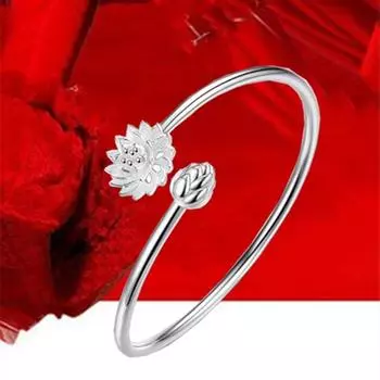 Браслет лотоса, женский серебряный браслет с цветочной линией, простая гладкая пряжка, посеребренный браслет, серебряный орнамент в этническом стиле Adjustable size