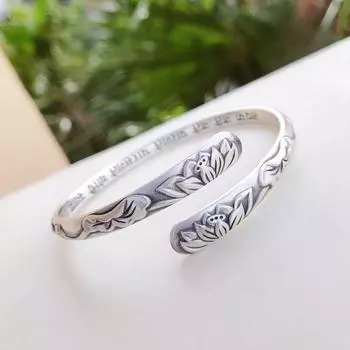 Браслет Lotus из стерлингового серебра 999 пробы для женщин с ретро-винтажным сердцем Классический этнический стиль в шахматном порядке серебряный браслет с твердым и регулируемым отверстием Adjustable size