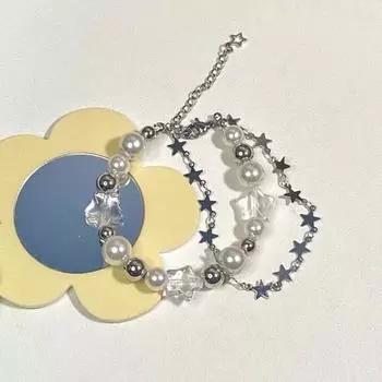 Браслет Lucky Star из искусственного жемчуга, женский двухслойный браслет, регулируемая удлинительная цепочка, браслет, ювелирное изделие, подарок серебряный