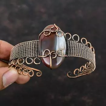 Браслет-манжета из агата Монтана, браслет из медной проволоки, регулируемый браслет-манжета, ручная работа, медные украшения, браслет с драгоценными камнями, подарок для женщин