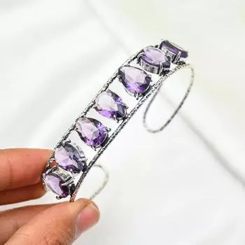Браслет-манжета из аметиста, настоящий драгоценный камень, браслет из стерлингового серебра 925 пробы, ювелирные изделия ручной работы, регулируемый браслет для подарка, женские ювелирные изделия Adjustable фиолетовый