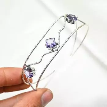 Браслет-манжета из аметиста, настоящий драгоценный камень, браслет из стерлингового серебра 925 пробы, ювелирные изделия ручной работы, регулируемый браслет для подарка, женские ювелирные изделия Adjustable фиолетовый