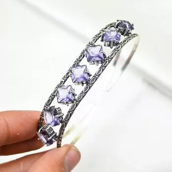 Браслет-манжета из аметиста, настоящий драгоценный камень, браслет из стерлингового серебра 925 пробы, ювелирные изделия ручной работы, регулируемый браслет для подарка, женские ювелирные изделия Adjustable фиолетовый