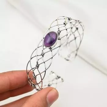 Браслет-манжета из аметиста, настоящий драгоценный камень, браслет из стерлингового серебра 925 пробы, ювелирные изделия ручной работы, регулируемый браслет для подарка, женские ювелирные изделия Adjustable фиолетовый