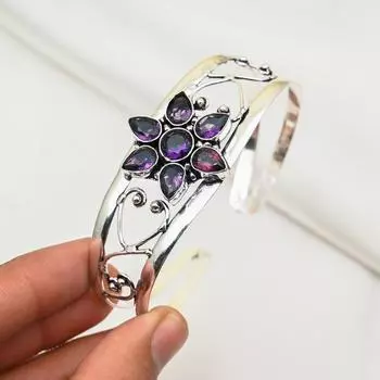 Браслет-манжета из аметиста, настоящий драгоценный камень, браслет из стерлингового серебра 925 пробы, ювелирные изделия ручной работы, регулируемый браслет для подарка, женские ювелирные изделия Adjustable фиолетовый