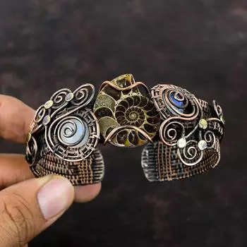 Браслет-манжета из аммонита ископаемого драгоценного камня, браслет из медной проволоки, браслет ручной работы, браслет-манжета с радужным лунным камнем, регулируемый браслет, подарок на помолвку