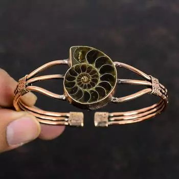 Браслет-манжета из аммонита ископаемого, медная проволока, браслет из драгоценного камня, регулируемый браслет-манжета, стильный браслет ручной работы, медные украшения для подарков