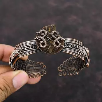 Браслет-манжета из аммонита, медная проволока, ювелирные изделия, регулируемый браслет ручной работы, медный браслет-манжета, браслет из аммонита, ископаемый драгоценный камень