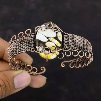 Браслет-манжета из арахисового дерева, браслет из яшмы, медная проволока, браслет-манжета, регулируемый браслет ручной работы, медные украшения для подарка, ювелирные изделия из драгоценных камней, обернутые проволокой