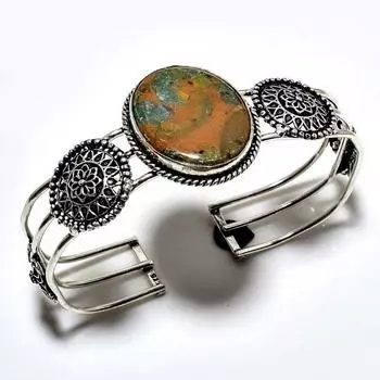 Браслет-манжета из бамбуковой яшмы 925 пробы с посеребренным покрытием ручной работы