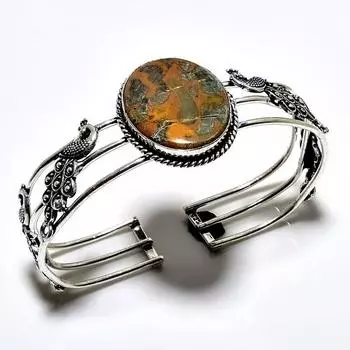 Браслет-манжета из бамбуковой яшмы 925 пробы с посеребренным покрытием ручной работы