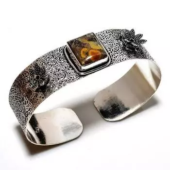 Браслет-манжета из бамбуковой яшмы 925 пробы с посеребренным покрытием ручной работы