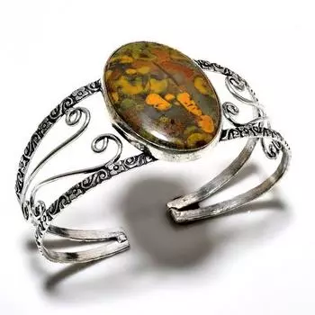 Браслет-манжета из бамбуковой яшмы 925 пробы с посеребренным покрытием ручной работы