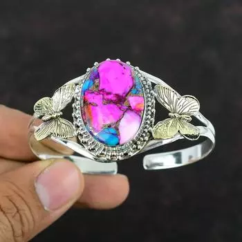 Браслет-манжета из бирюзы и розового георгина из натурального камня Kingman, регулируемый браслет из стерлингового серебра 925 пробы, позолоченный браслет-бабочка 18 карат