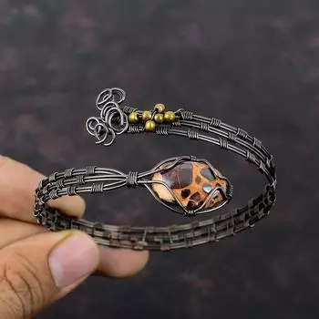 Браслет-манжета из боксита, браслет из драгоценных камней, браслет из медной проволоки, регулируемый браслет-манжета из медной проволоки, ювелирное украшение в подарок для него, ручной работы, браслет в стиле бохо