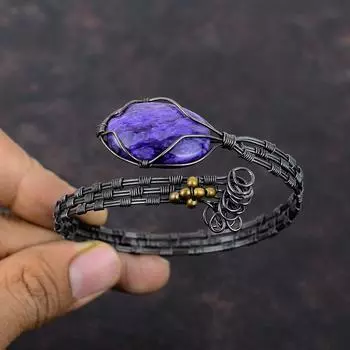 Браслет-манжета из чароита, браслет из драгоценных камней, браслет из медной проволоки, регулируемый браслет-манжета, удивительные медные украшения для подарка, браслет ручной работы