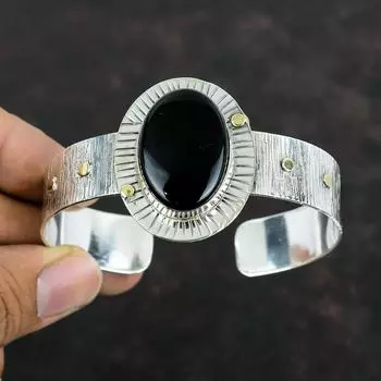 Браслет-манжета из черного оникса с драгоценными камнями, серебряный браслет ручной работы из бохо-ювелирных изделий, регулируемый браслет-манжета из черного оникса, свадебные подарки