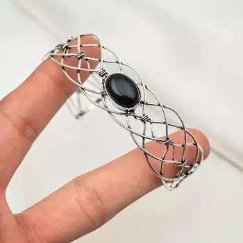 Браслет-манжета из черного оникса, серебряный браслет 925 пробы, ручной работы, приличный регулируемый браслет, браслет-манжета из драгоценных камней, подарки на помолвку Adjustable чёрный