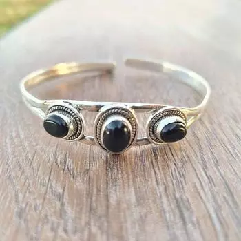 Натуральный камень рождения, черный оникс, драгоценный камень, браслет-манжета, стерлинговое серебро 925 пробы, женские ювелирные изделия ручной работы 7-9 чёрный