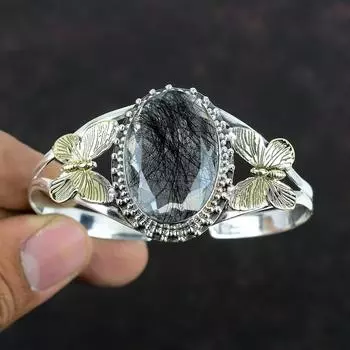 Браслет-манжета из черного рутила с граненым драгоценным камнем, браслет из стерлингового серебра 925 пробы, регулируемый браслет-манжета, позолоченный браслет 18 карат, красивый браслет-бабочка