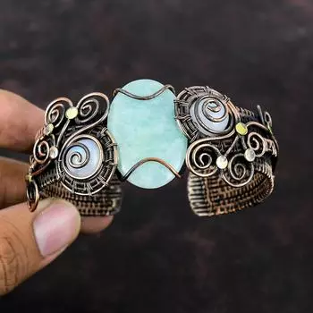 Браслет-манжета из драгоценного камня амазонит, медная проволока, браслет-манжета из радужного лунного камня, регулируемый браслет-манжета, ювелирные изделия ручной работы, подарок для женщин
