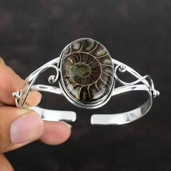 Браслет-манжета из драгоценного камня аммонита, серебряный браслет 925 пробы, регулируемый браслет-манжета, браслет ручной работы, подарки для него, ювелирные изделия с камнями по рождению