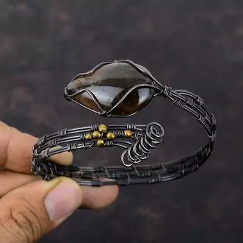 Браслет-манжета из драгоценного камня хиастолита, браслет-манжета из медной проволоки, браслет ручной работы, регулируемый браслет для подарка, ювелирные изделия из медной проволоки