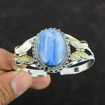 Браслет-манжета из драгоценного камня кианит, 925 пробы, серебряный браслет ручной работы, регулируемый браслет, позолоченный браслет 18 карат, бабочка, ювелирное изделие, подарок для женщин